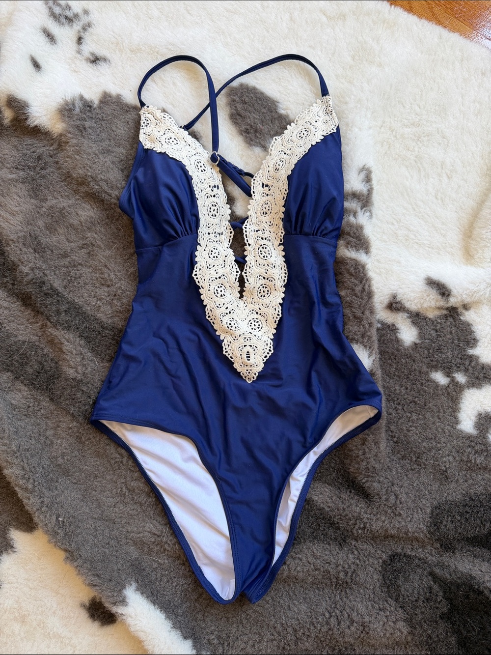 Navy One-Piece Swimsuit with White Crochet Plunge